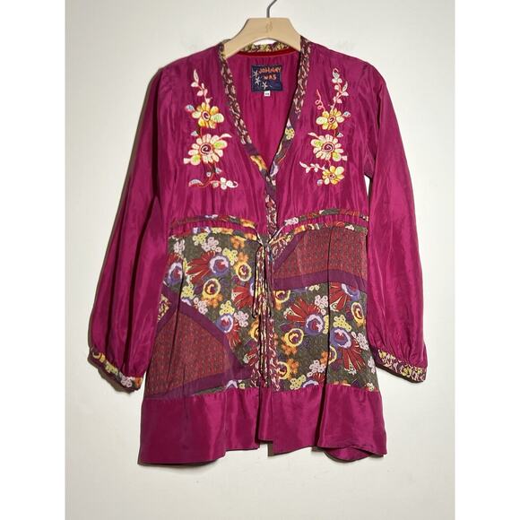 Johnny Was EUC Magenta Floral Embroidered Bohemian Button Tunic Top Shirt XS - Picture 1 of 10